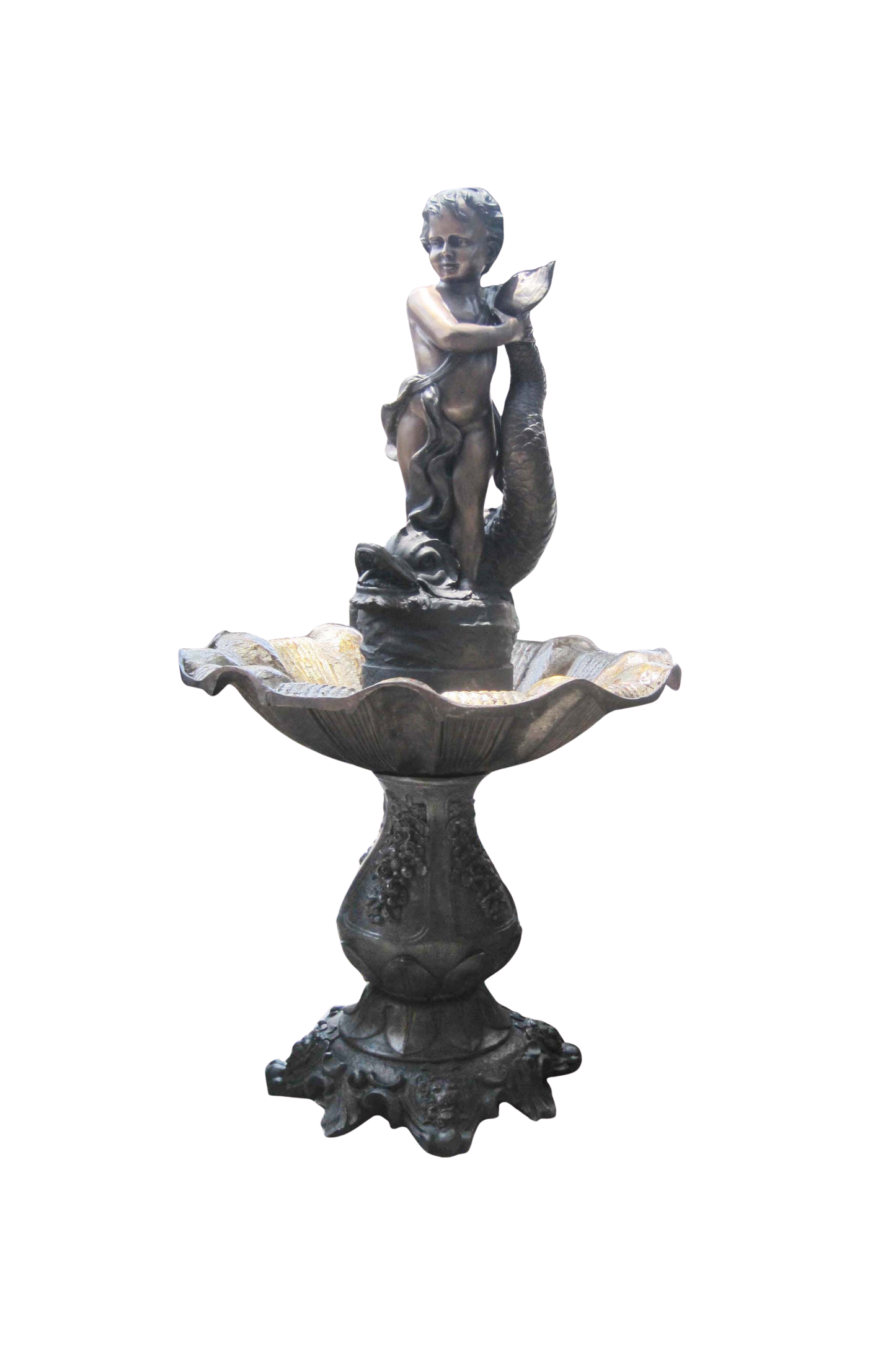Decorative outdoor bronze fountain with a kid standing on a fish on a white background