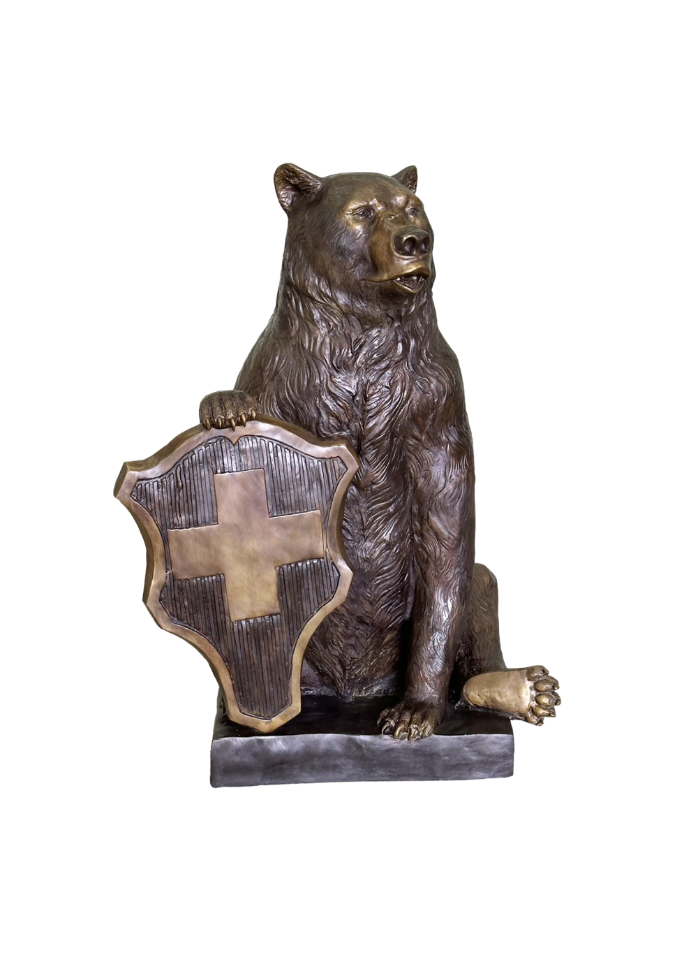 Bronze statue of a bear holding a shield with a cross on a white background