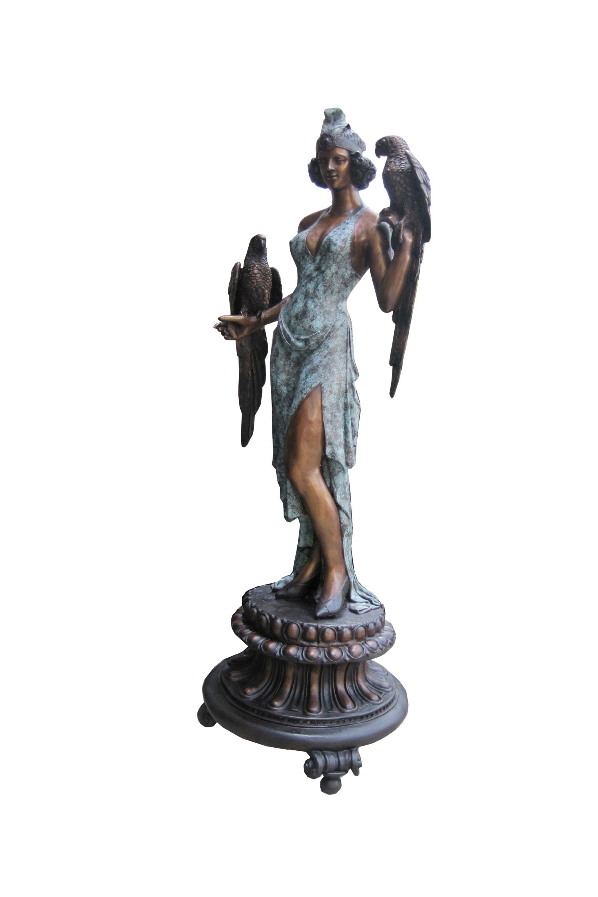 Bronze Statue of a woman holding two birds on a pedestal against a white background