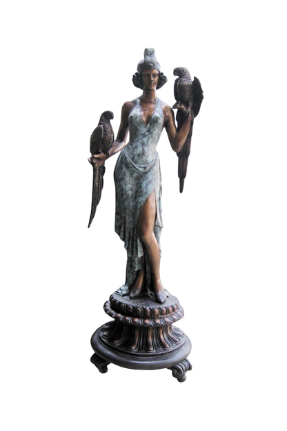 Bronze Statue of a woman holding two birds on a pedestal against a white background
