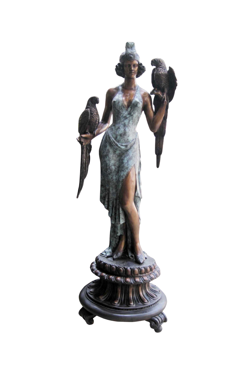 Bronze Statue of a woman holding two birds on a pedestal against a white background