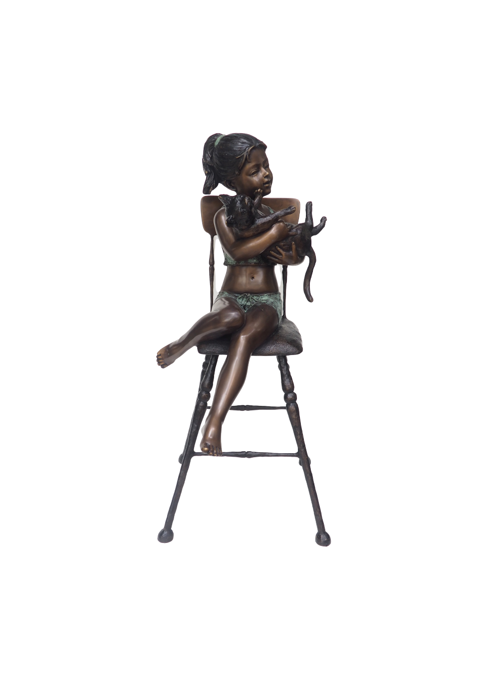 Bronze sculpture of a girl sitting on a stool with a white background