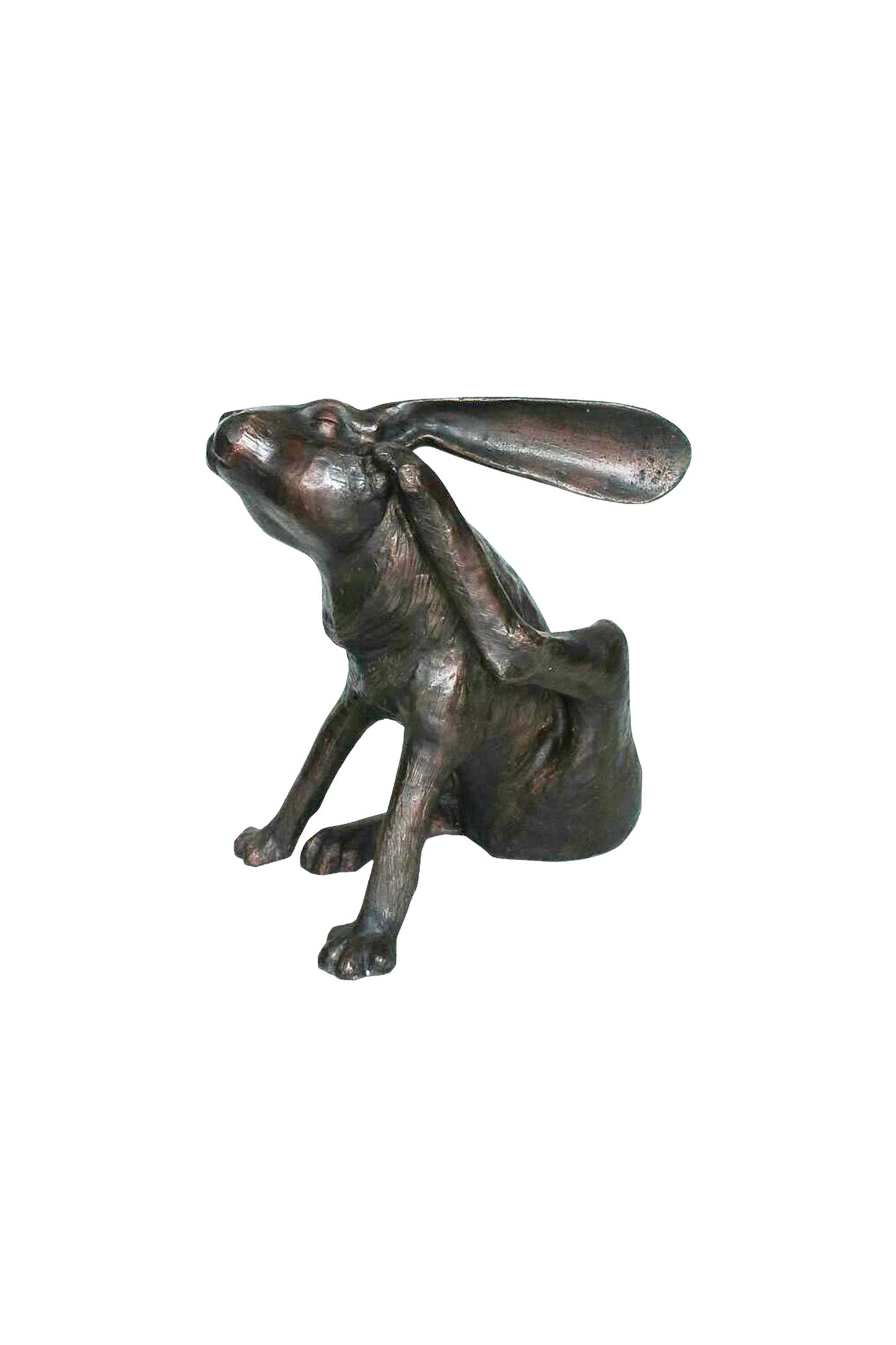 Bronze hare sculpture on a white background