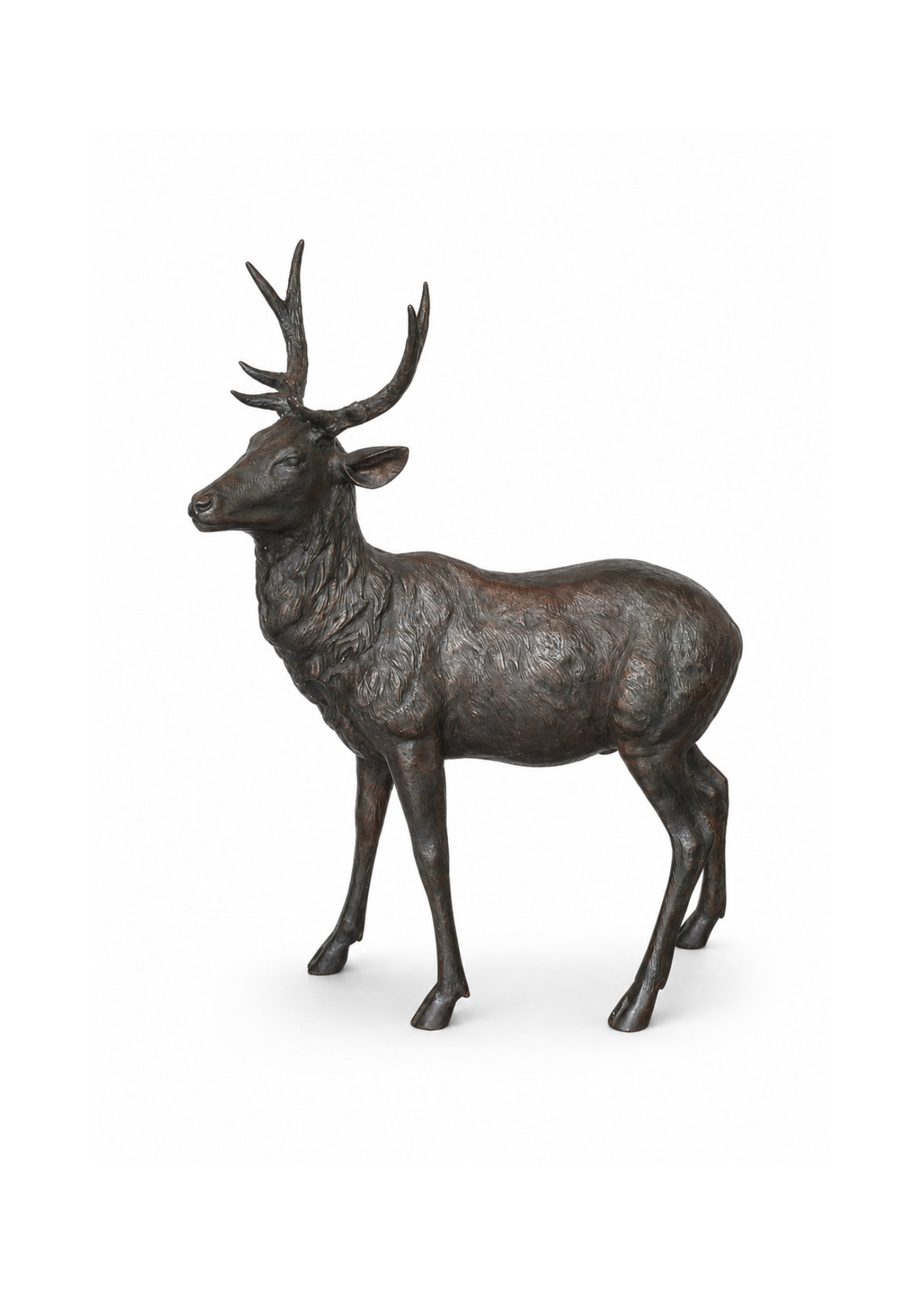 A dark bronze  deer sculpture with detailed antlers, shown in profile against a plain white background.
