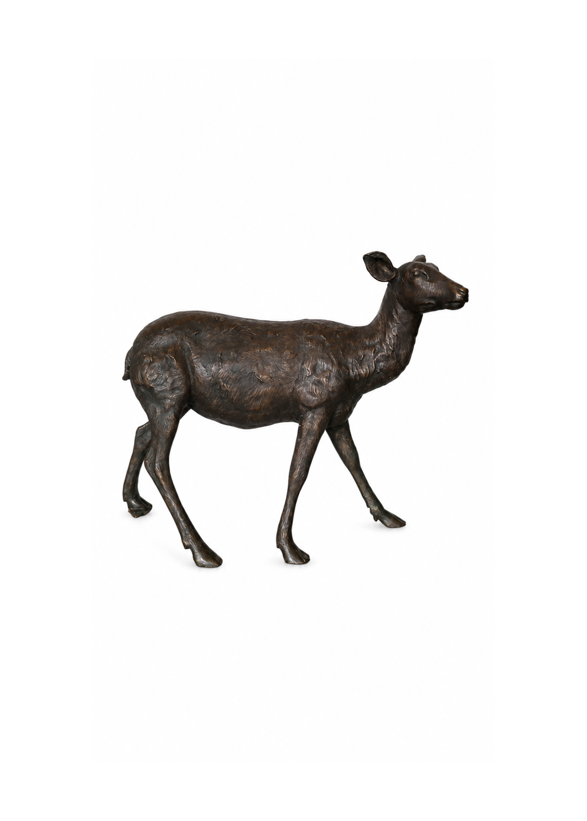 A small bronze deer figurine shown in profile against a plain white background.