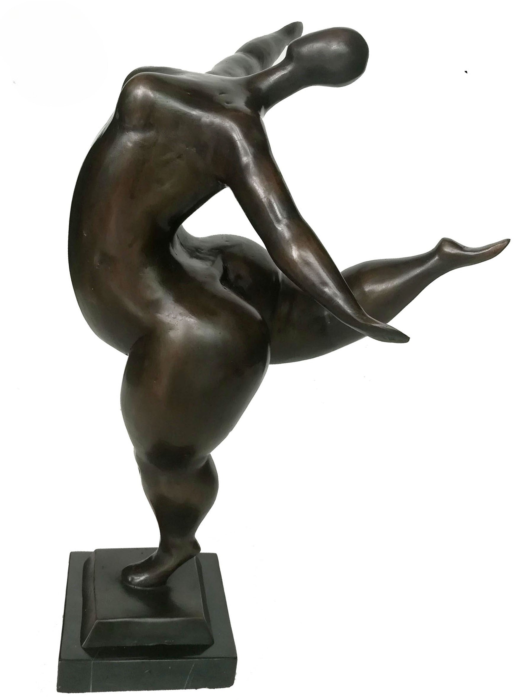Bronze sculpture of a abstracted figure on a white background