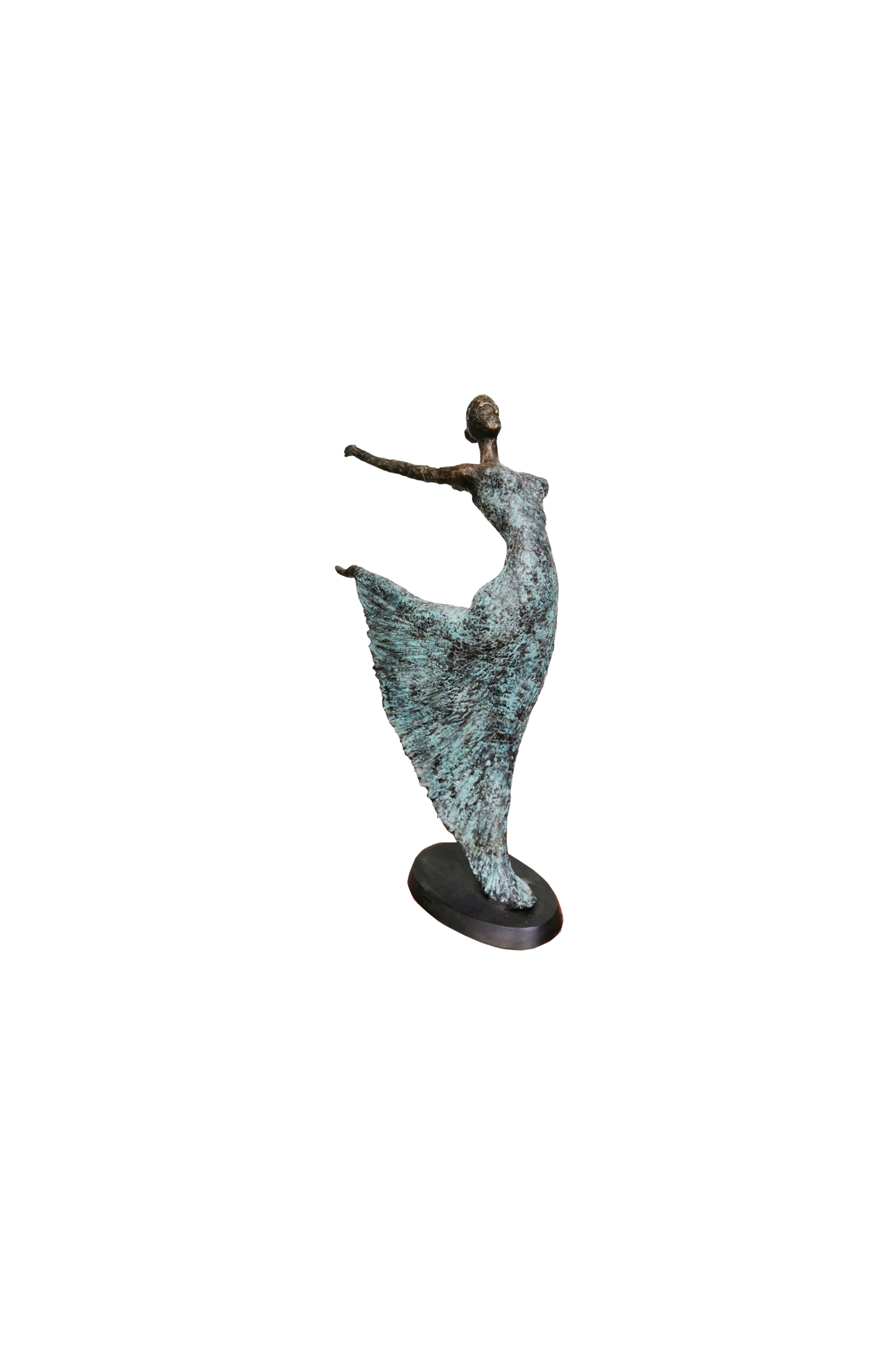 Bronze sculpture of a ballerina dancing on a white background