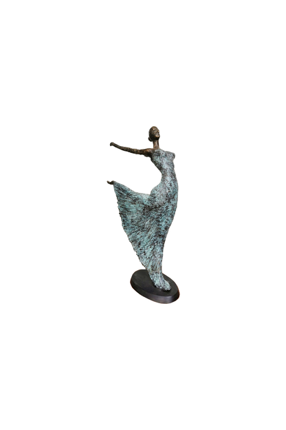 Bronze sculpture of a ballerina dancing on a white background