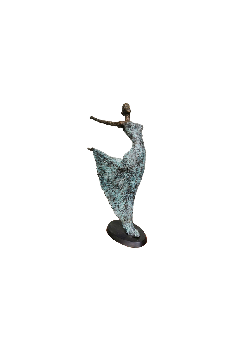 Bronze sculpture of a ballerina dancing on a white background
