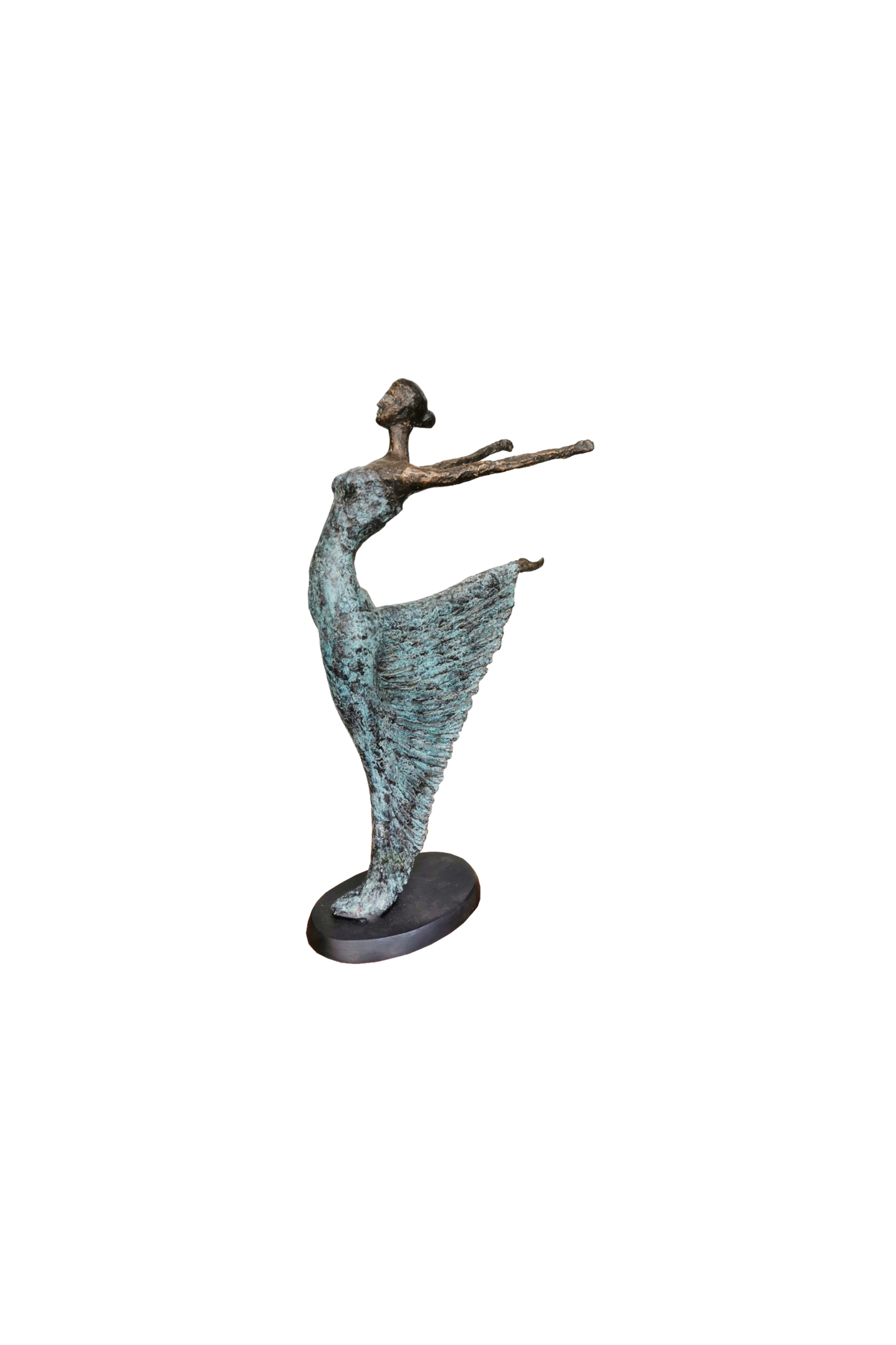 Bronze sculpture of a ballerina dancing on a white background