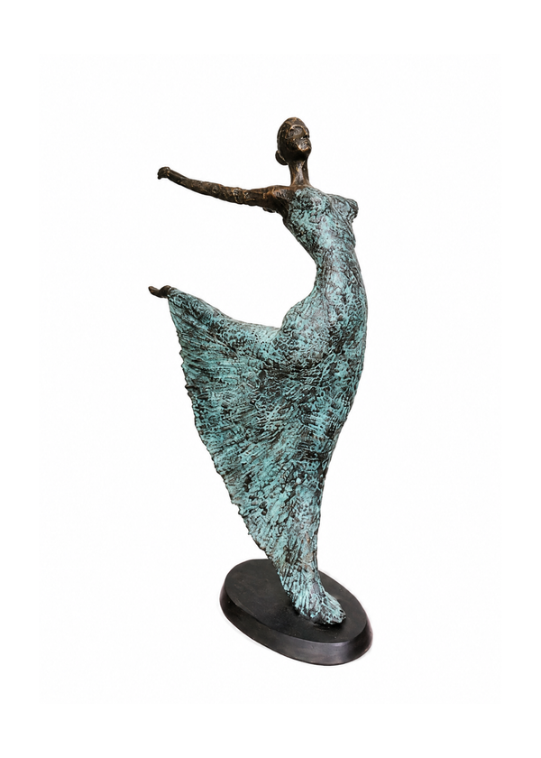 A bronze sculpture of a dancing female figure with a textured, verdigris-covered surface, standing on a dark oval base against a plain white background.