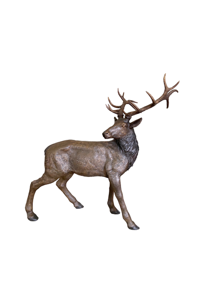 Bronze deer looking behind statue on a white background