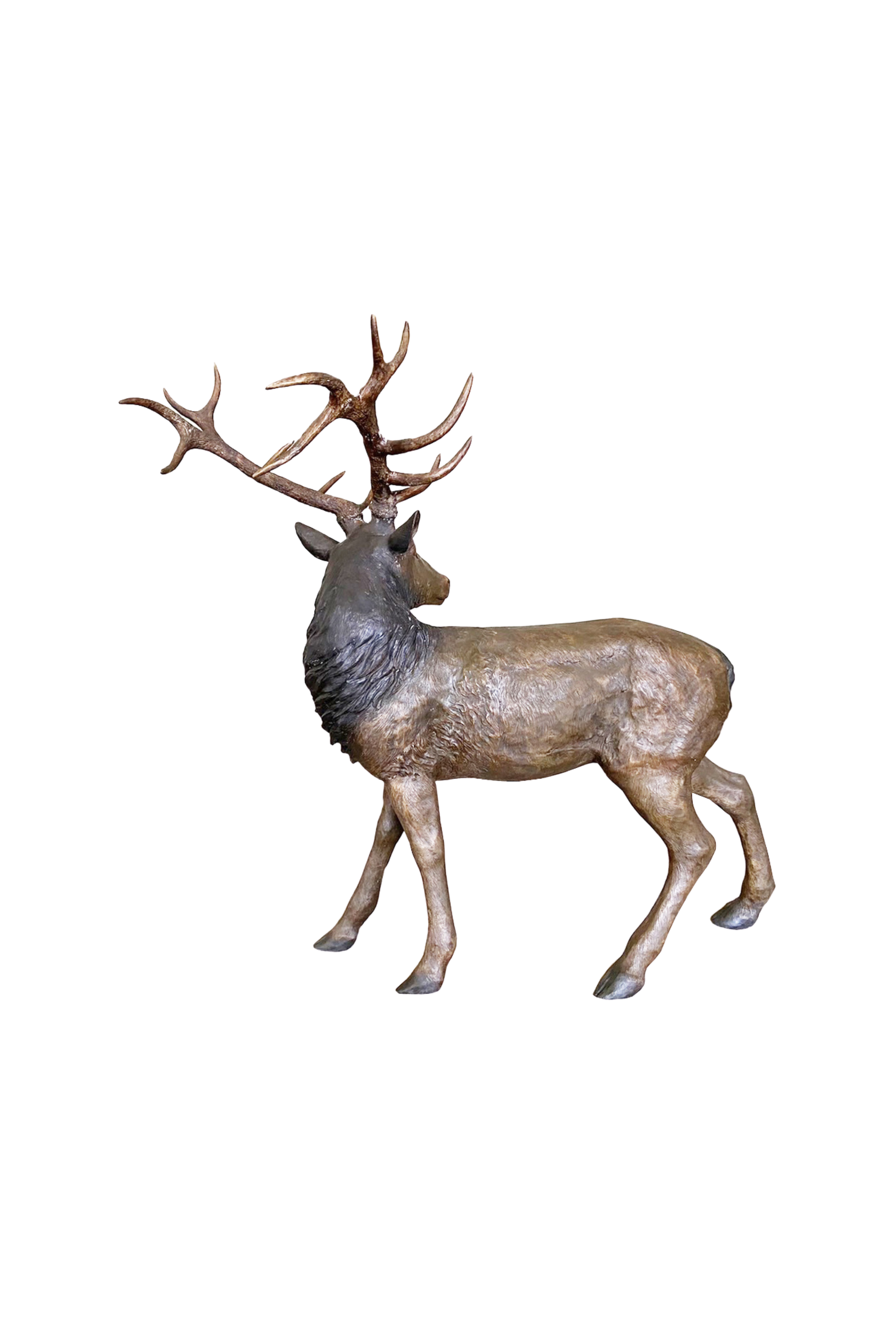 Bronze deer looking behind statue on a white background