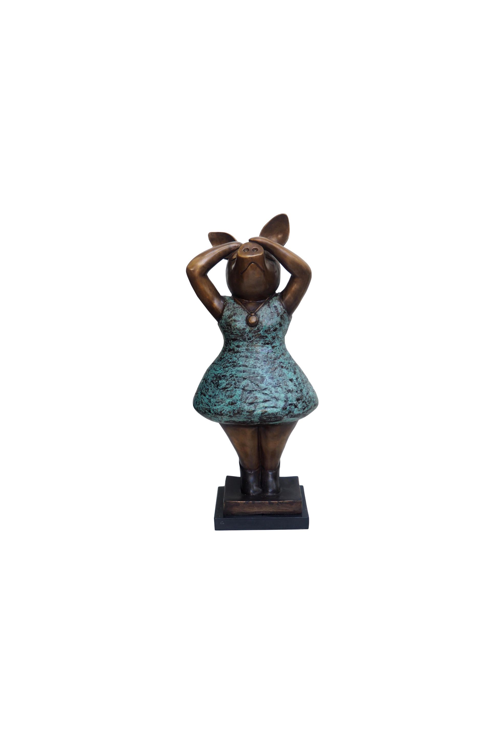 Statue of a piggy in a dress on a white background