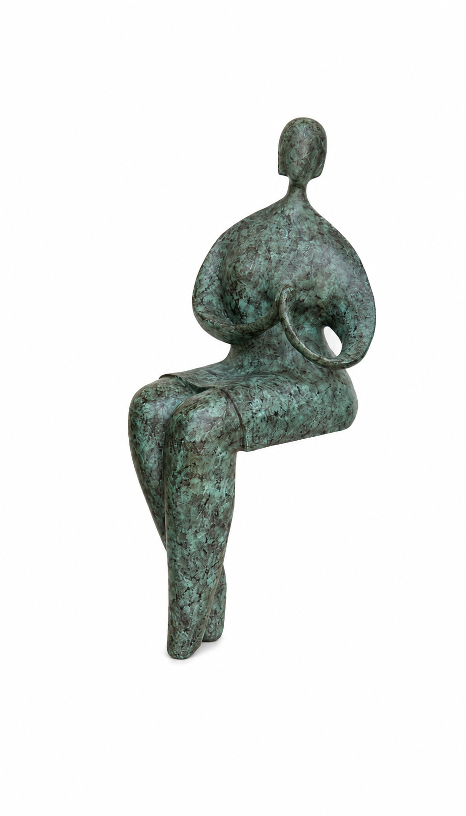 A modern abstract bronze sculpture of a seated figure with a textured green patina, isolated on a white background.