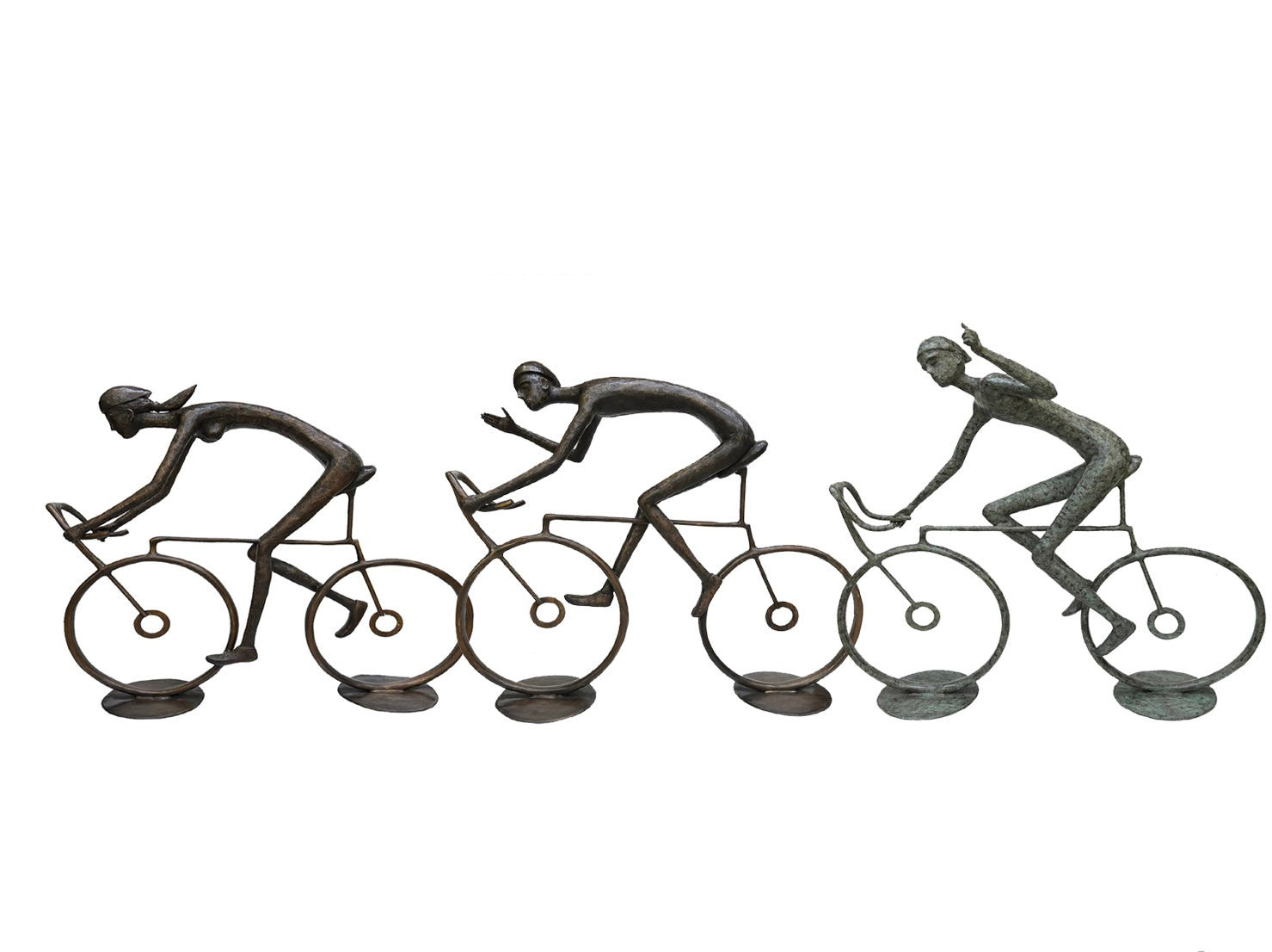 Bronze luxury handmade furniture sculpture of three cyclists, perfect for modern luxury decor, on a white background.