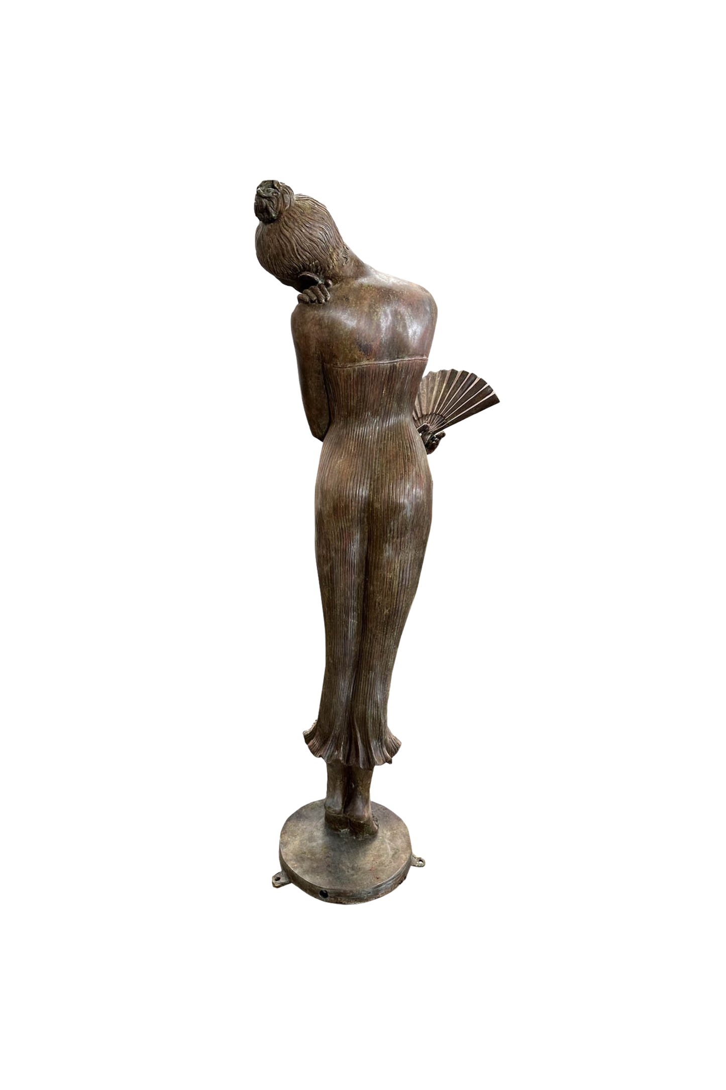 bronze Statue of a woman in a flowing dress holding a fan on a white background