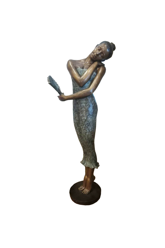 bronze Statue of a woman in a flowing dress holding a fan on a white background