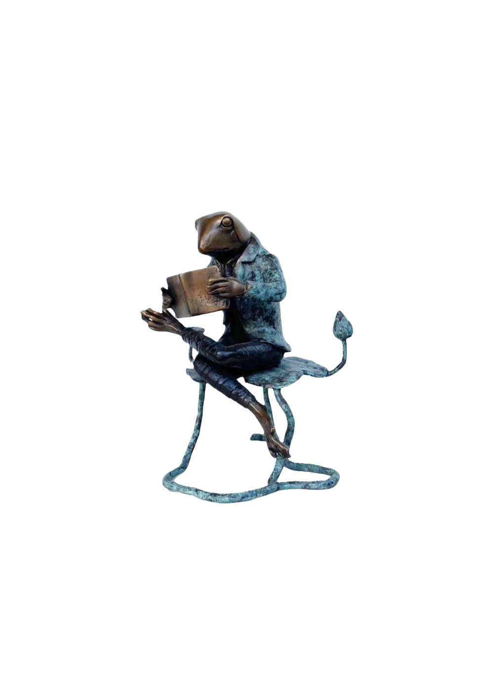 bronze Statue of a frog reading a book on a white background