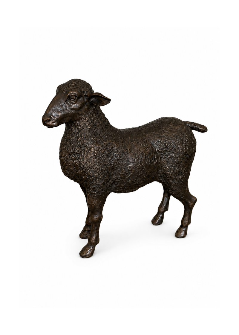 A dark bronze sculpture of a standing sheep, shown from the side against a plain white background.