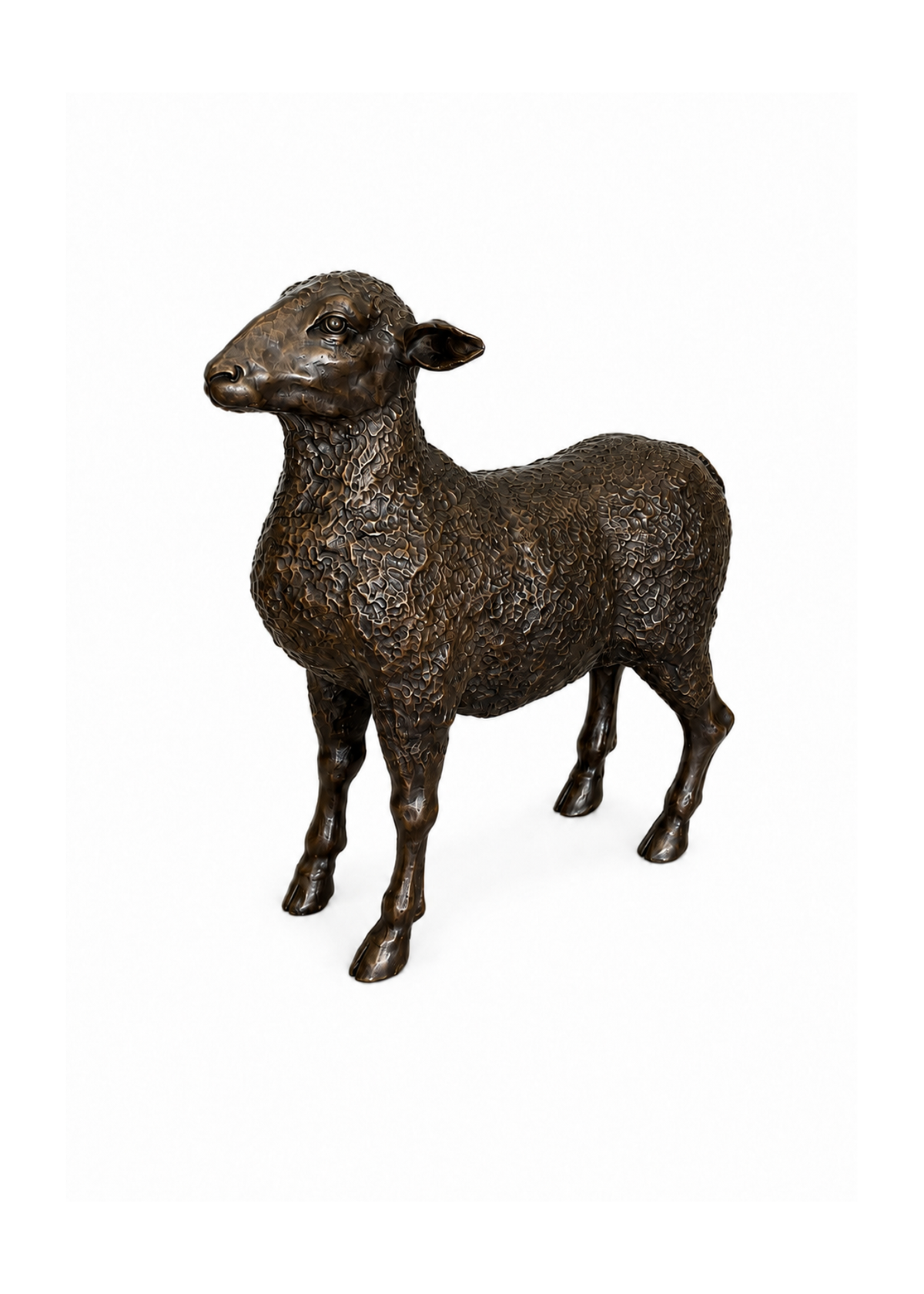 A small bronze sheep figurine with textured wool, standing on a plain white background.