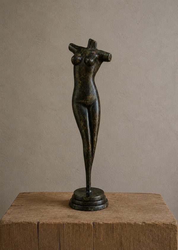A dark bronze sculpture of a stylized female figure with crossed arms, displayed on a rustic wooden block against a neutral textured beige wall.