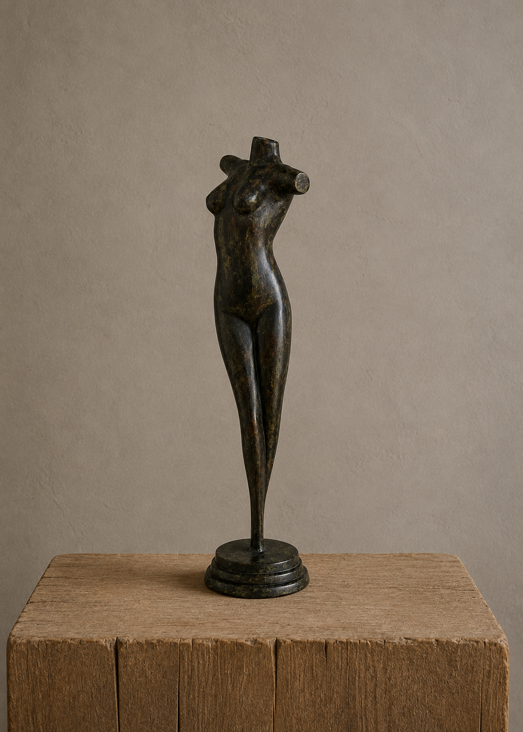 A dark bronze sculpture of a stylized female torso on a round base, displayed on a rustic wooden block against a neutral beige background.