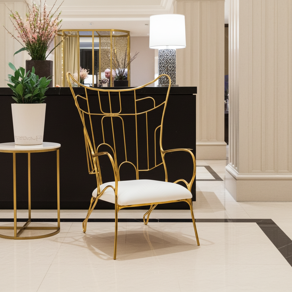 Celia Lounge Chair gold finish frame with white cushion. Click to view product. 
