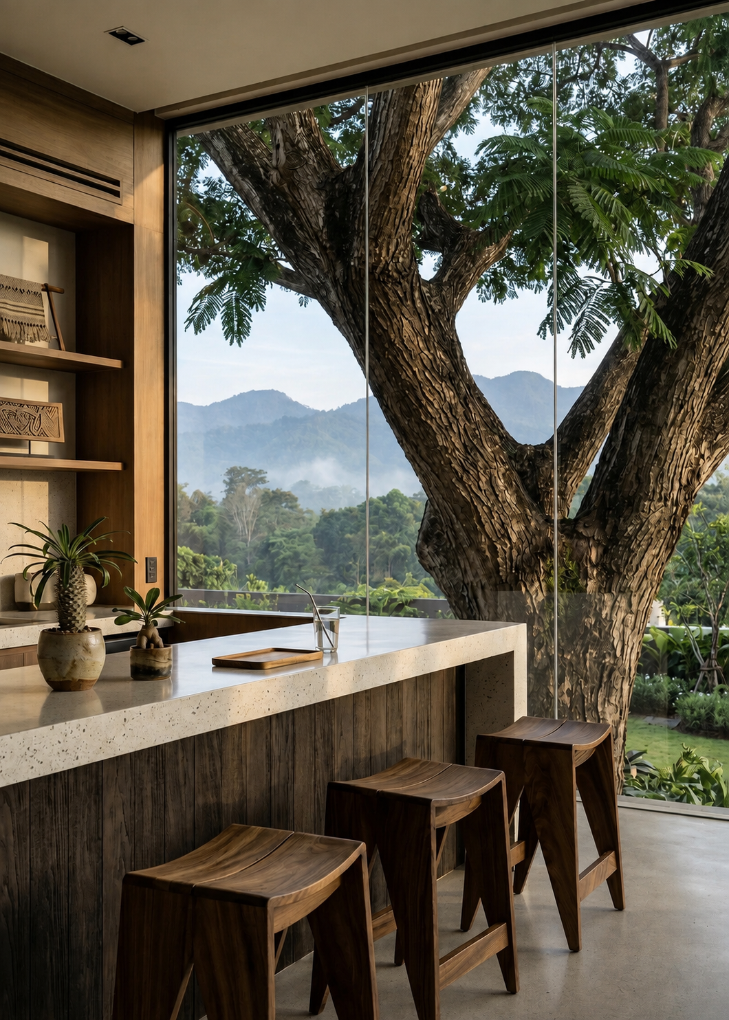 A modern interior bar area with a large stone countertop and three wooden stools, overlooking a massive tree trunk and misty mountains through floor-to-ceiling glass windows.