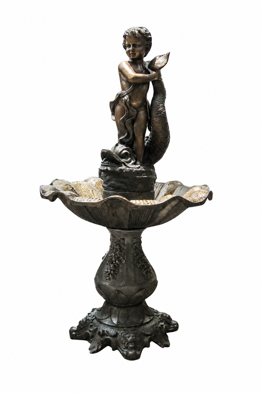 An ornate bronze-finished garden fountain sculpture featuring a cherub standing on a shell over a scalloped basin, isolated on a white background.