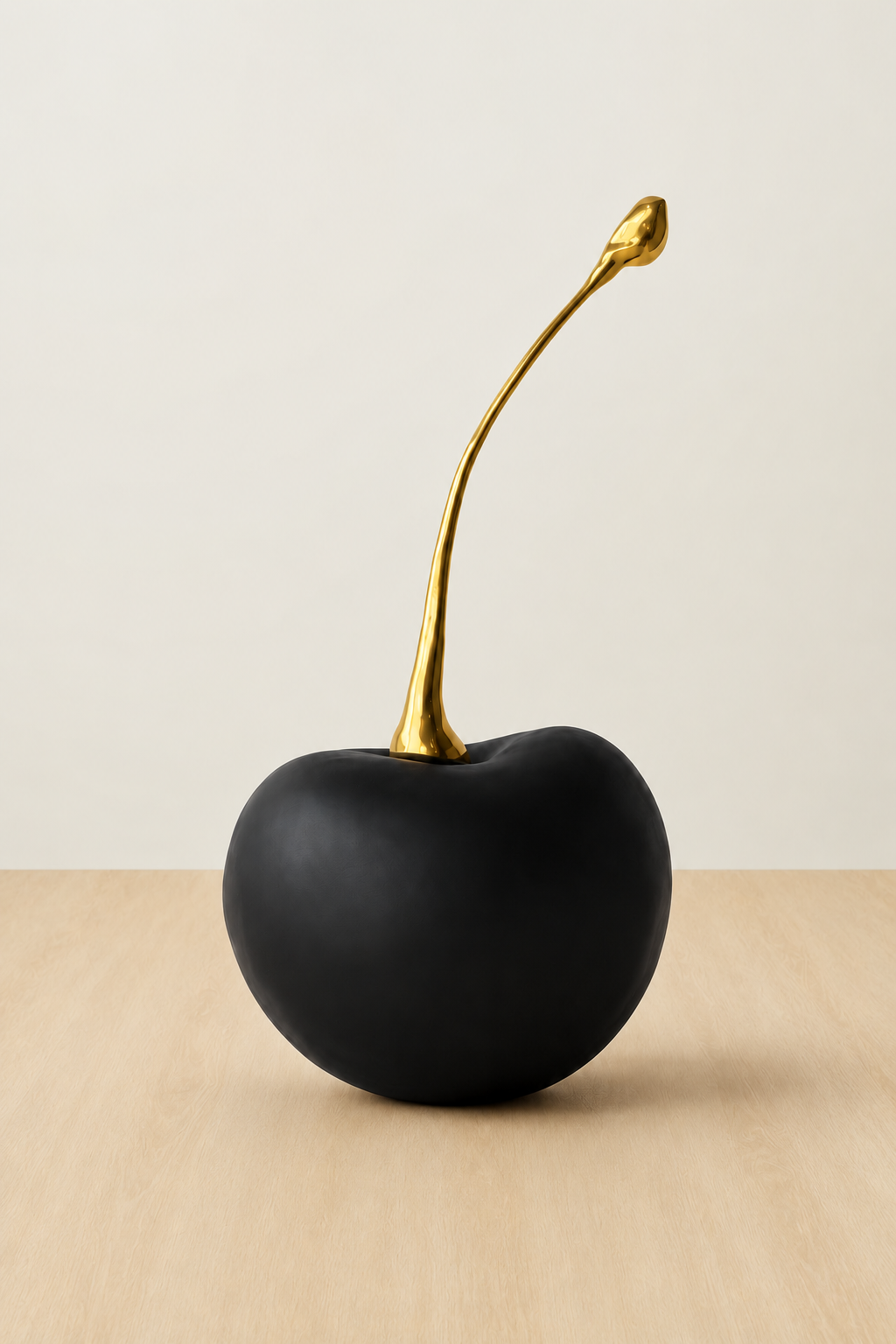 A decorative black cherry sculpture with a long, curved metallic gold stem, displayed on a light wood surface against a neutral off-white background.