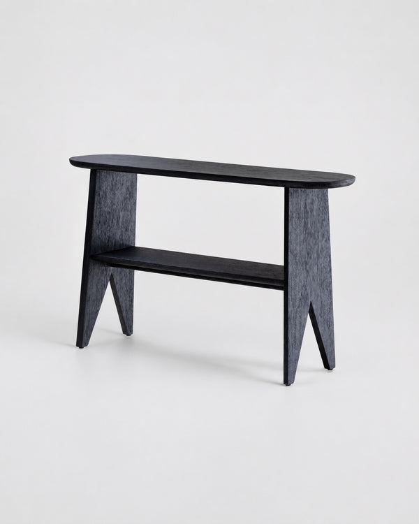 A modern black wooden console table with a rounded top, a lower shelf, and angled legs, shown on a light gray studio background.