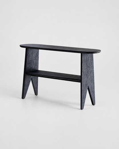 A modern black wooden console table with a rounded top, a lower shelf, and angled legs, shown on a light gray studio background.