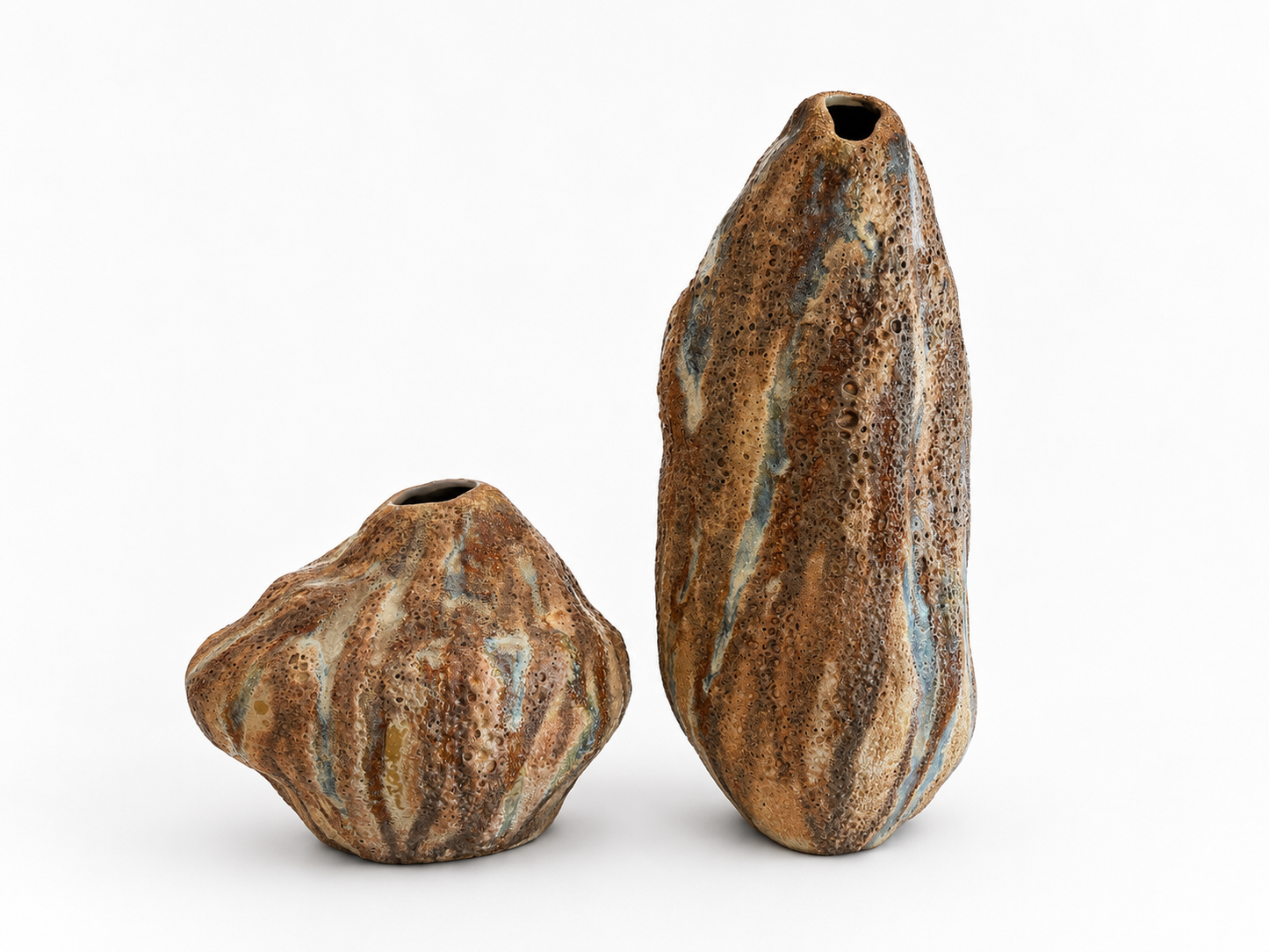 Two ceramic vases with textured, earthy brown glaze on a white background