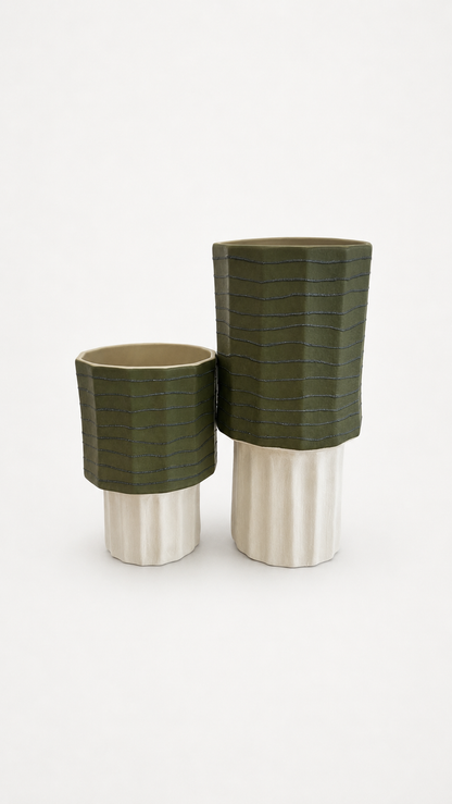 Ridged Ceramic Vase in Olive & Cream