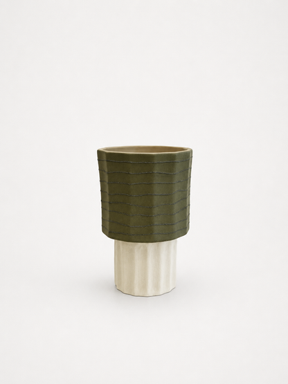 Ridged Ceramic Vase in Olive & Cream