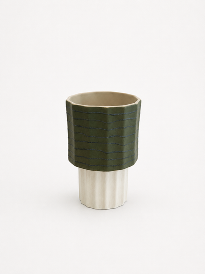 Ridged Ceramic Vase in Olive & Cream