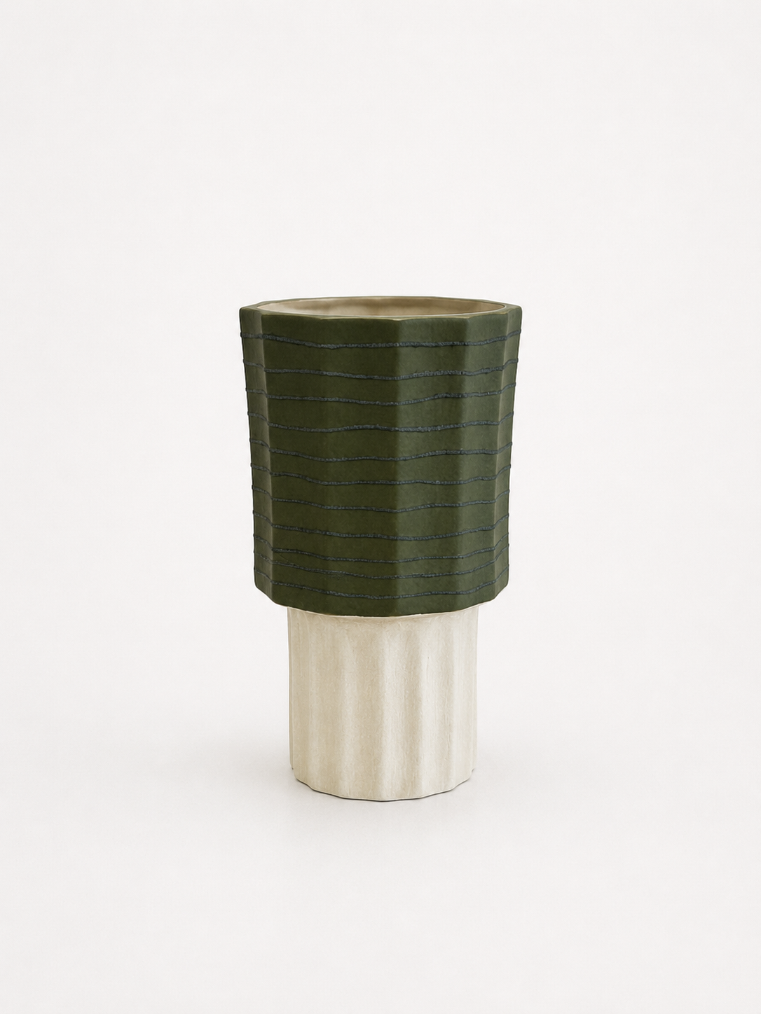 Ridged Ceramic Vase in Olive & Cream