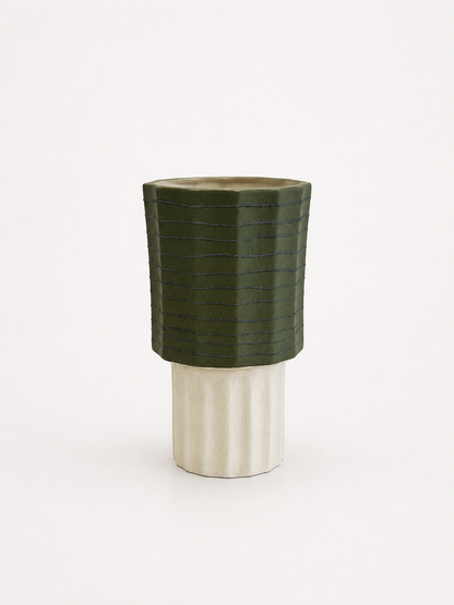 Ridged Ceramic Vase in Olive & Cream