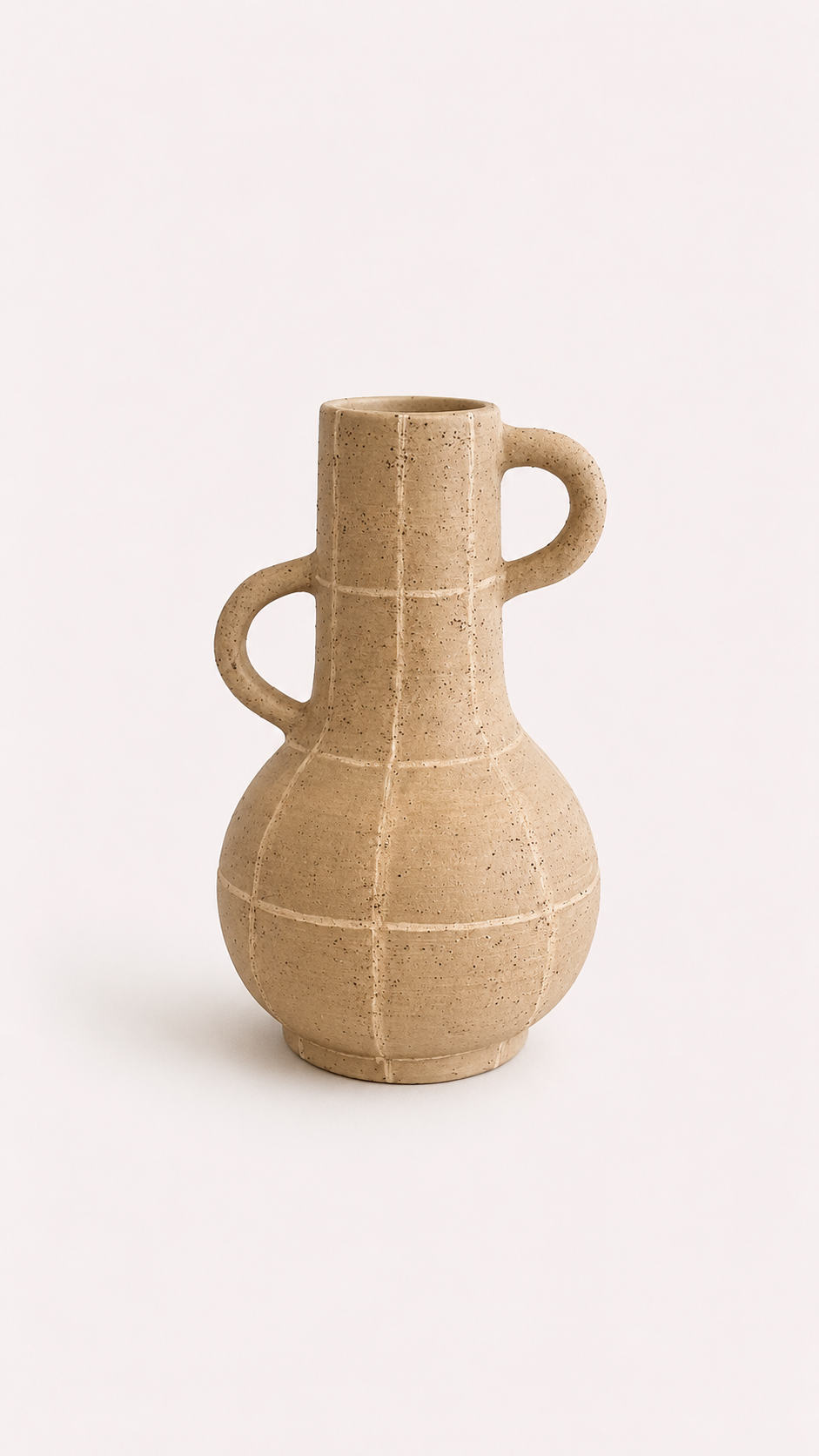 Beige ceramic vase with two handles on a white background