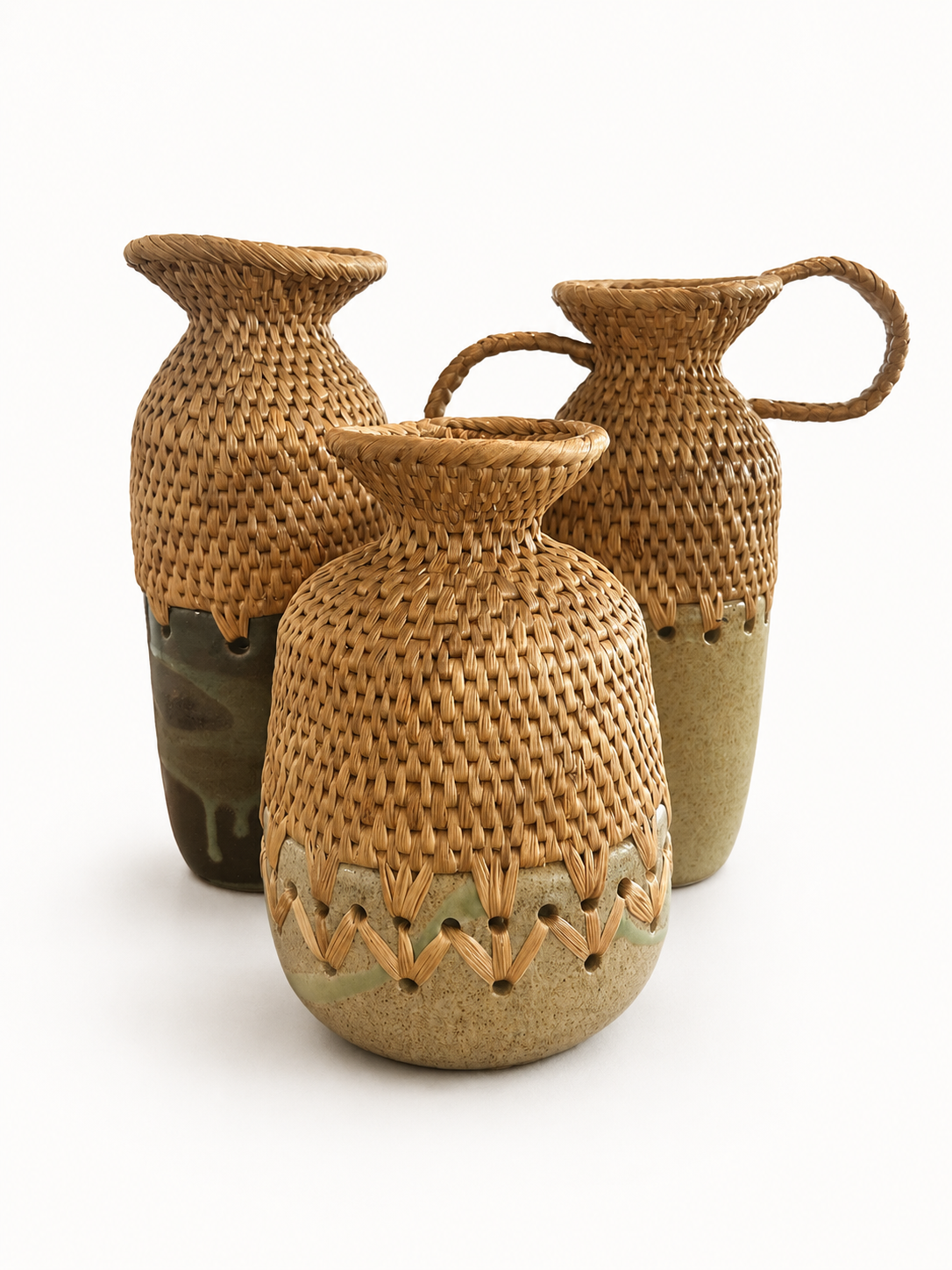 Three woven vases with textured surfaces on a white background