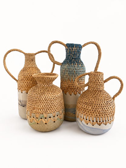 Set of woven vases with handles on a white background