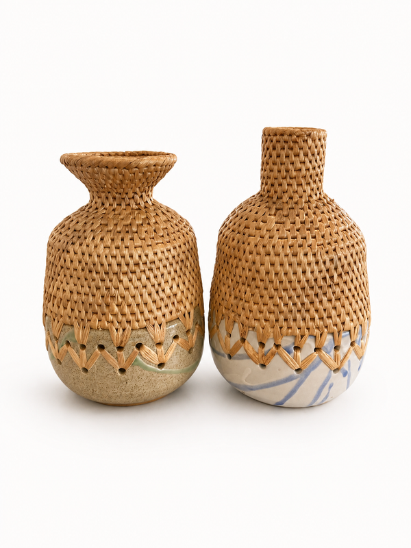 Two woven vases with decorative patterns  on ceramic bottoms on a white background