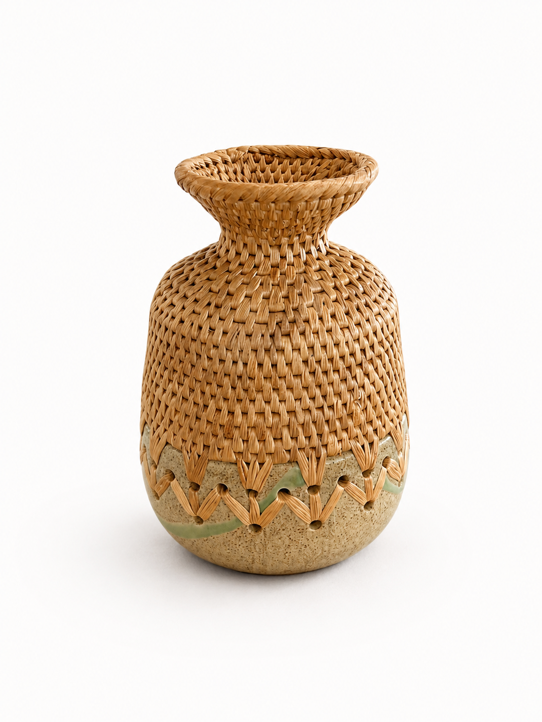 Flared neck Vase with woven top and ceramic base on a white background