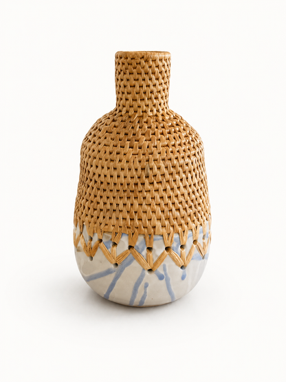 Pinched neck Vase with woven top and ceramic base on a white background