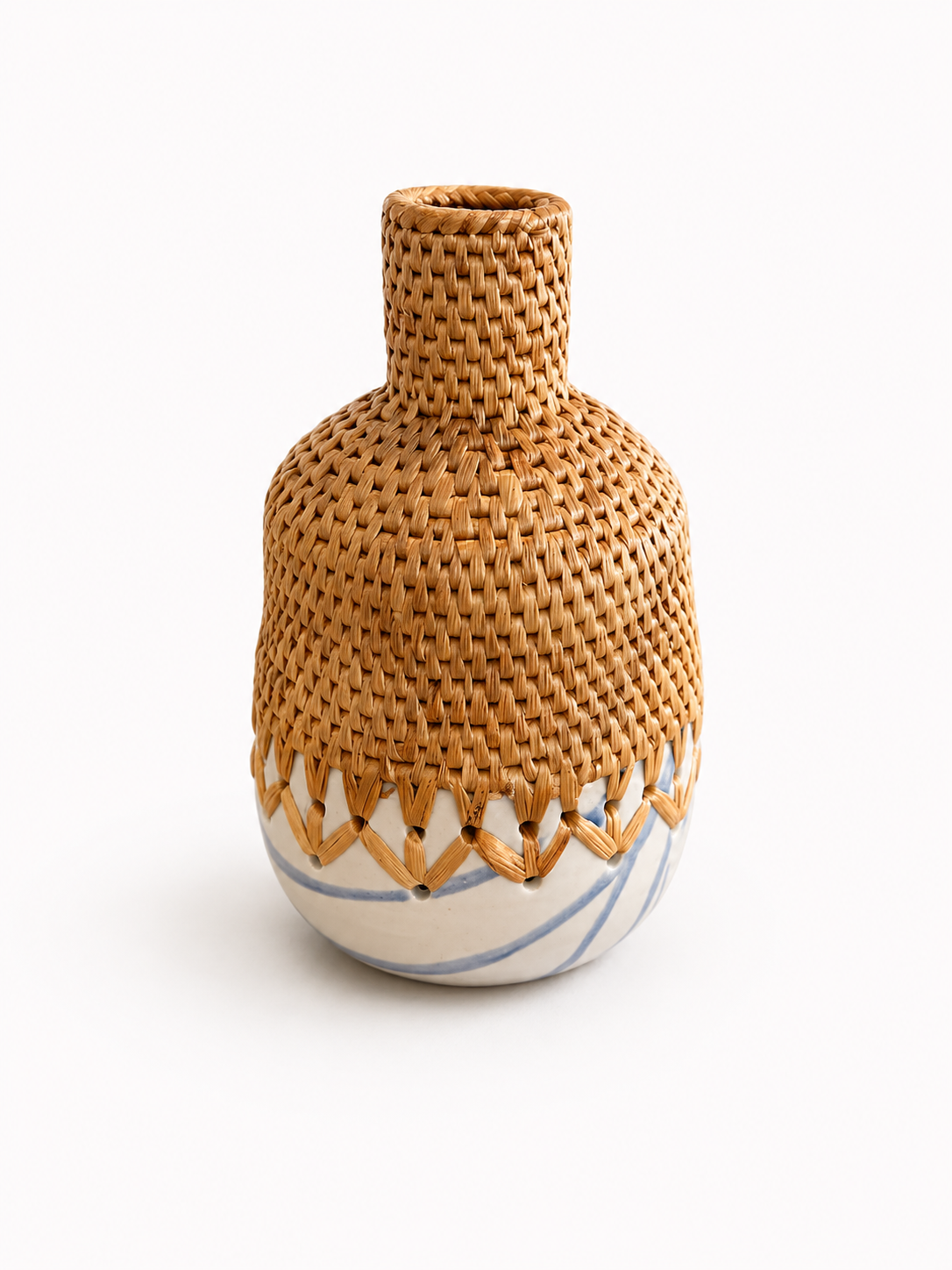 Pinched neck Vase with woven top and ceramic base on a white background