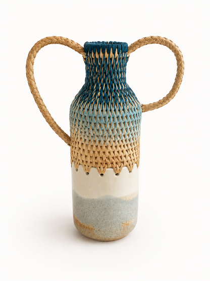Vase with woven top and handles with ceramic bottoms and gradient color design on a white background