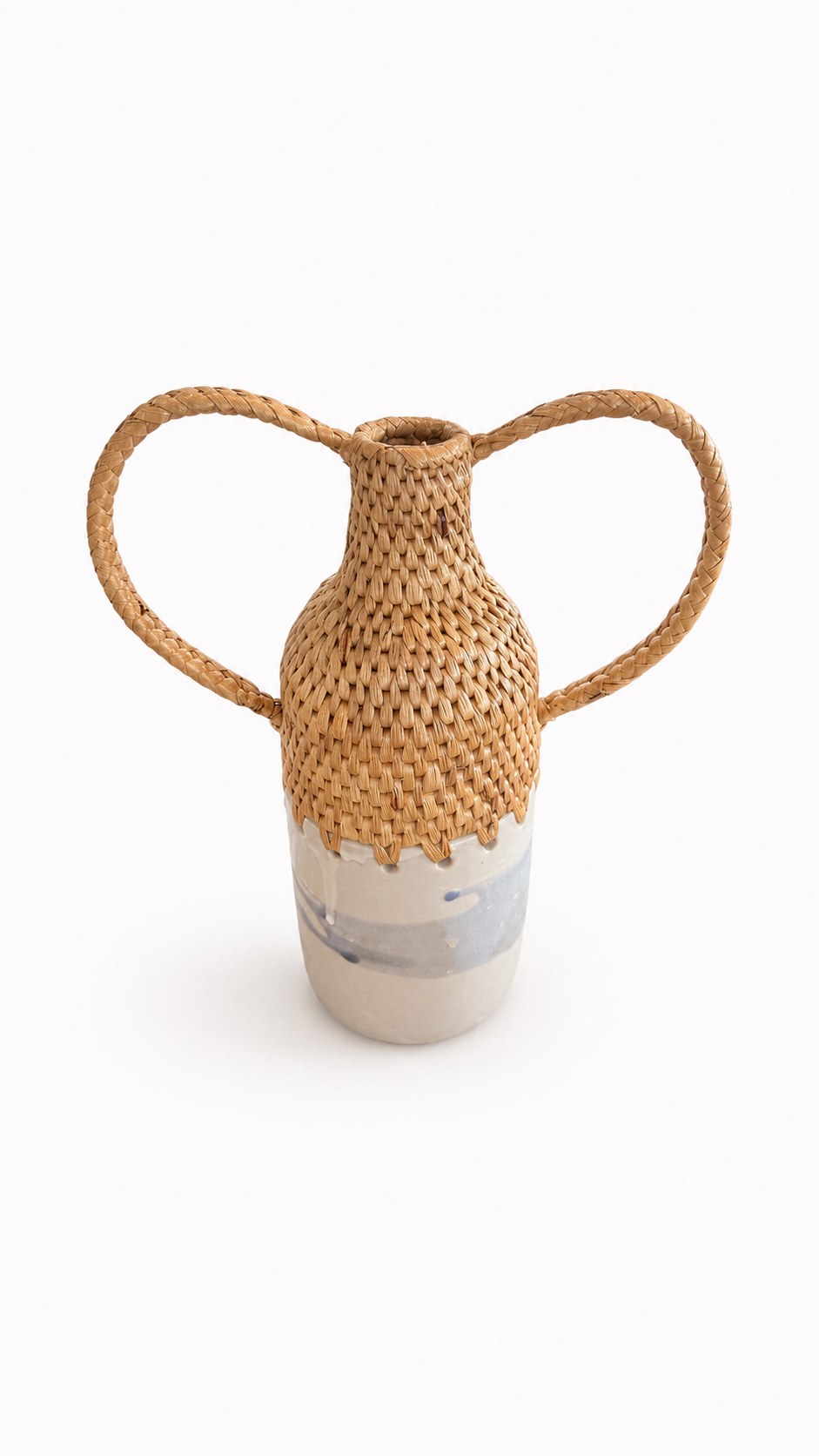 Pinched Neck Woven vase with ceramic bottom and two handles on a white background