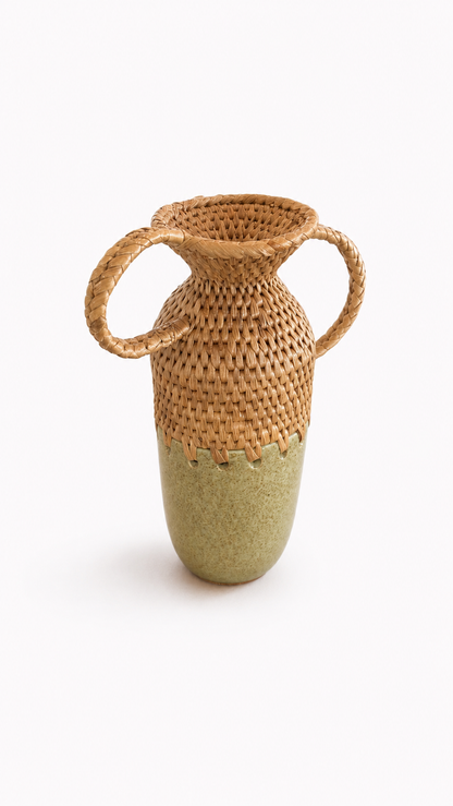 Trumpet Mouth Woven vase with green ceramic bottom and two handles on a white background. Side view