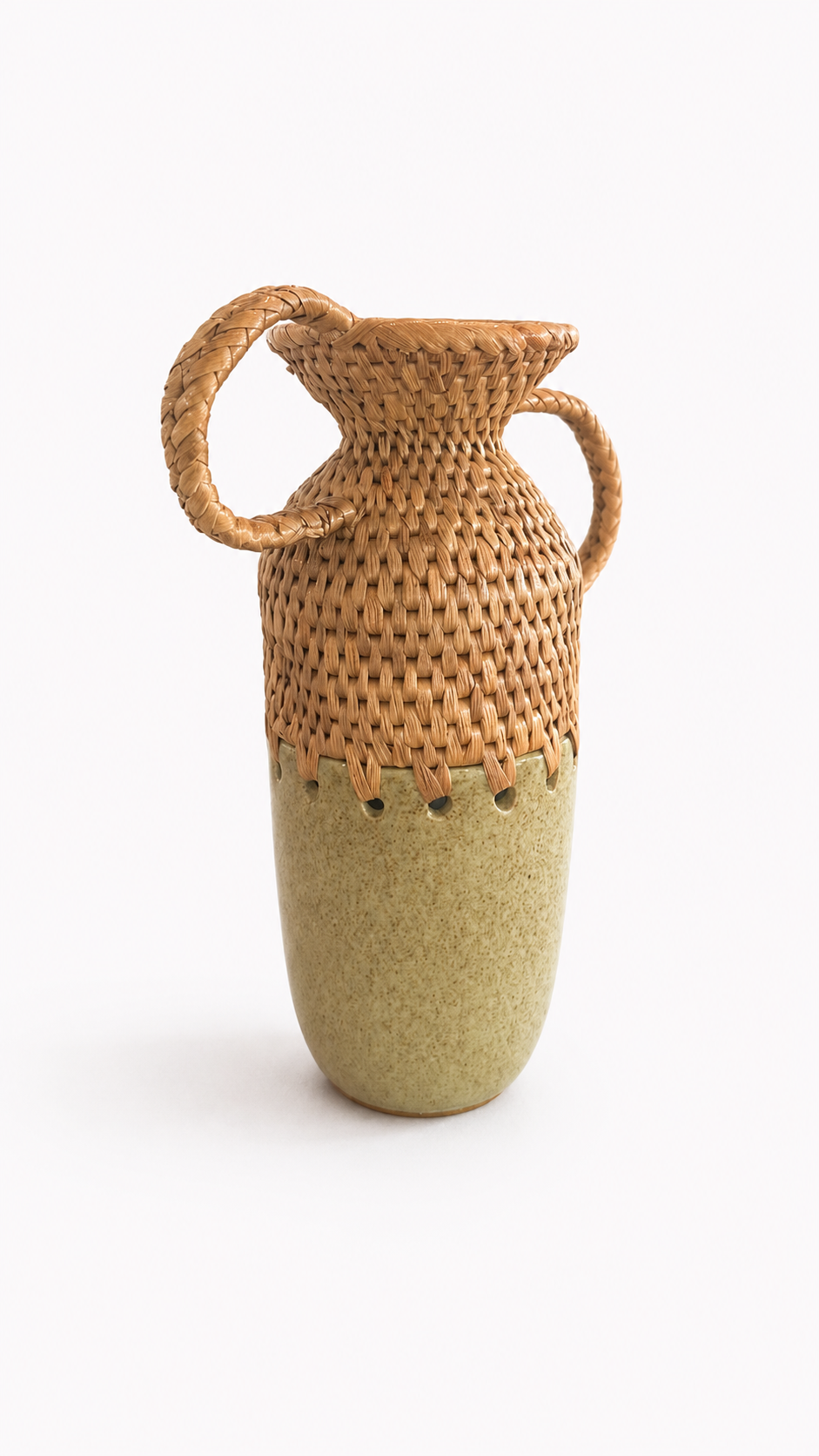 Trumpet Mouth Woven vase with green ceramic bottom and two handles on a white background. Side view